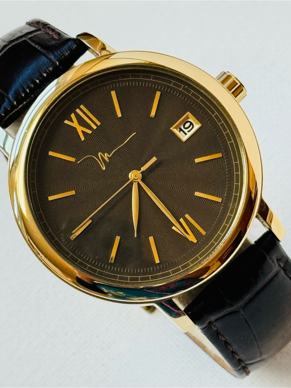 Marc Anthony 43mm Men's Date Watch Gold Gray Dial Brown Croco Leather FMDMA503